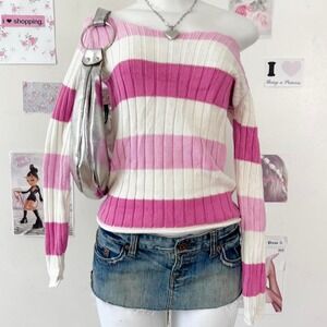 Y2K Pink & White Ribbed Off Shoulder Sweater S — Pop / Cute Aesthetic